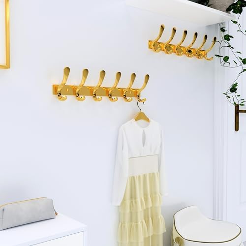 SKOLOO Coat Rack Wall Mounted - 6 Hooks, Pack of 2, Heavy Duty, Stainless Steel, Metal Wall Hangers, Sturdy Coat Hooks for Hanging Coats, Jacket, Clothes, Hat, Bright Gold - Image 5
