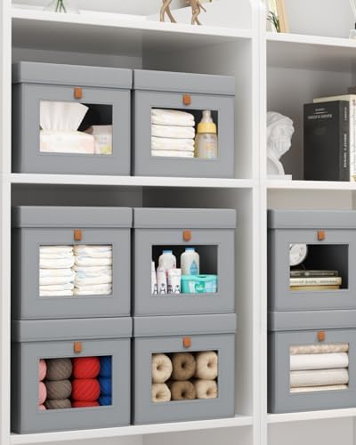 Homsorout Storage Bins with Lid – Closet Organizer with Side Opening and Clear Window, Foldable Stackable Fabric Basket for Clothes, Home, Office - 13.77" x 11.8" x 9.8", 6 Pack, Grey - Image 6