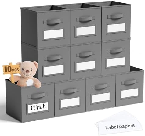 Teenyyou 10 Pack Fabric Storage Cubes 11 Inch Collapsible Cube Bins with Label Window & Handle Foldable Organizers Baskets for Shelf Closet Nursery Kids Room Clothes Book Toy(Gray) by Teenyyou