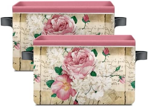 Vintage Rose Floral Foldable Baskets Storage Bins with Handles, Decorative Cloth Organizer Storage Boxes 2 sets - Image 2