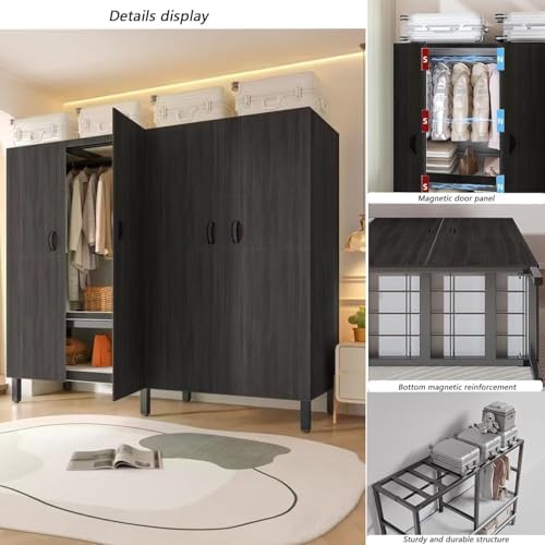 Foldable Portable Closet Wardrobe on Wheel 2000Ibs Heavy-Duty Clothe Rack with Cover Freestanding Metal Clothing Rack Armoire Storage System Rolling Garment Racks (Wood Grain Black, 59in) - Image 6