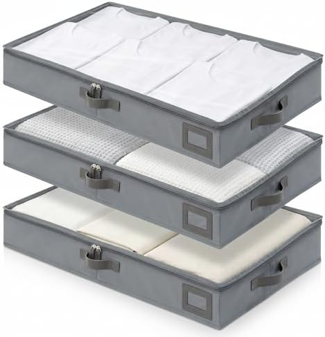 4" Low Profile Under Bed Storage Bins (3-Pack, Charcoal Grey), Slim 600D Oxford Organizer Containers with Matching Vegan Leather Handles & Clear Window, for Shoes, Clothing & Under-Sofa Storage by PLUMGEAN
