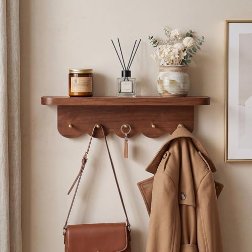 Lewtemi Wall Mount Coat Rack with Shelf 16.5" Scalloped Walnut with 5 Hooks - Image 3