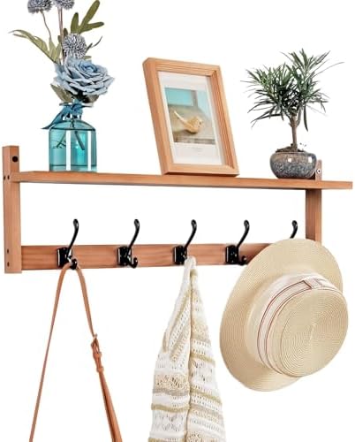 Coat Rack Wall Mount with Shelf, 26IN Wooden Coat Hanger Hooks Wall Mount with 5 Metal Hooks, Hanging Shelf with Hooks, Wood by ExperCity