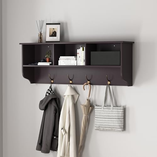 Wall Mounted Coat Rack Shelf,4 Dual Hooks,3 Cubbies,Espresso - Image 3