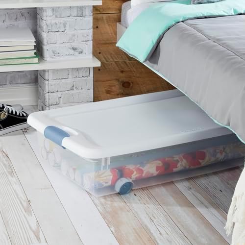 Sterilite Latching Storage Box, Stackable Bin with Latch Lid, Plastic Container to Organize Closet Shelf, Clear with White Lid, 56 Quart, 12-Pack - Image 5