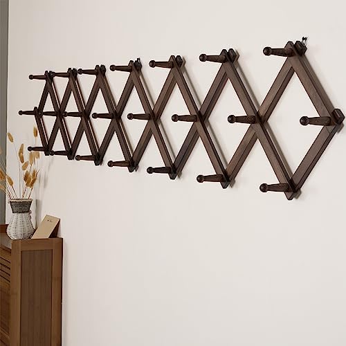 SKOLOO Accordion Wall Hanger with 22 Hooks, Modern Expandable Coat Rack Hat Rack for Wall, Solid Wooden, Walnut Color - Image 3