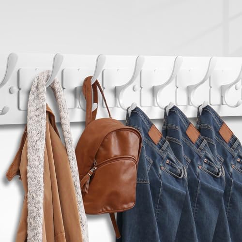Coat Rack Wall Mounted,Wooden Wall Coat Rack with 8 Double Hooks for Hanging Clothes,Coats,Hats,Jackets,31.5inch (White, 8 Hooks) - Image 4
