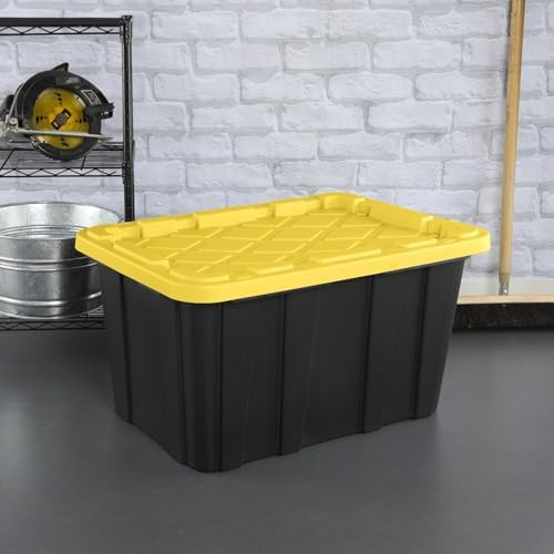 6-Pack Storage Bins Heavy Duty Stackable Industrial Tote 27-Gallon Plastic Container with Secure Snap-On Lids Design for Garage, Warehouse or Workshop Organization Black & Yellow - Image 3
