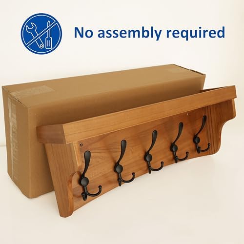 WEBI Wall Shelf with Hooks Underneath,24" Long Coat Rack Wall Mount with Shelf,Key Rack for Wall,5 Triple Hooks for Hanging Coats,Clothes,Jacket,Bathroom,Entryway,Light Brown - Image 4
