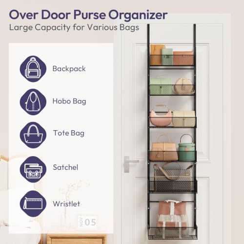 SWTYMIKI Over The Door Purse Organizer - Wall Mounted Purse Rack with 6 Adjustable Metal Basket, Hanging Bag Rack for Handbag Organizer, Bag Storage Can Use As 1/2 Part, for Door - Image 4