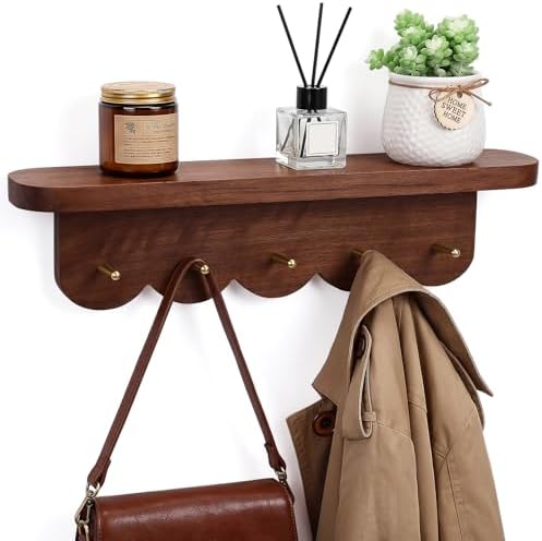 Lewtemi Wall Mount Coat Rack with Shelf 16.5" Scalloped Walnut with 5 Hooks by Lewtemi