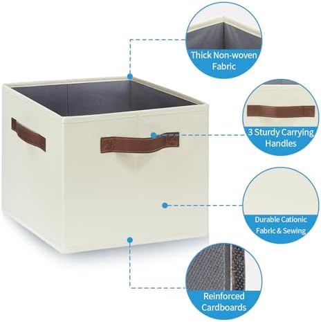 GhvyenntteS Large Storage Baskets for Shelves 6 Pack, Collapsible Fabric Storage Bins with 3 Handles, Decorative Closet Organizers and Storage bins for Clothes Blanket Beddings (Beige, 15"x11"x9.6") - Image 3