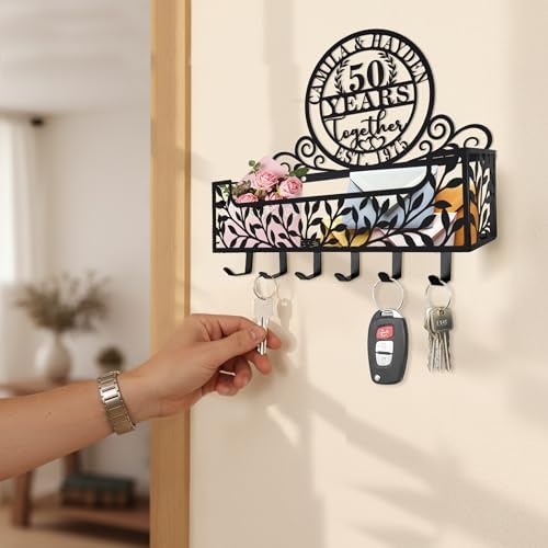 Personalized Metal Anniversary Wedding Gift Key and Mail Holder, Wall Mount Entryway Organizer with Hooks, Custom Key Rack for Kitchen, Bathroom, and Home Storage - Image 6