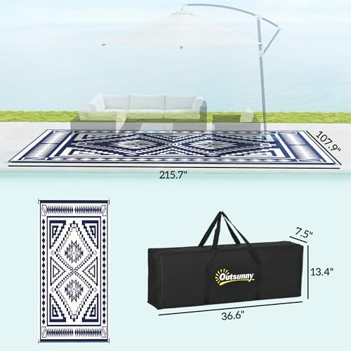 Outsunny Outdoor Rug for Patio Waterproof 9' x 18' Blue & White Square - Image 2