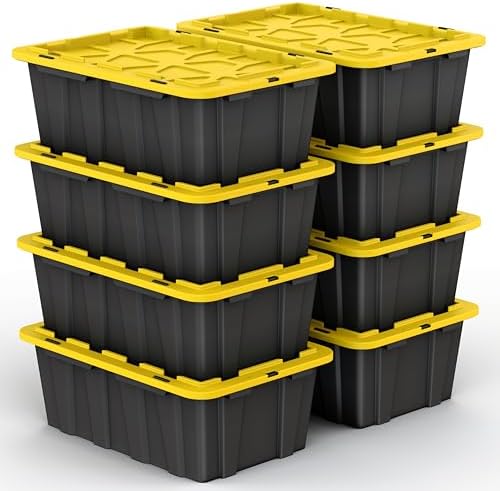 8 PACK of 12 Gallon Medium Black & Yellow Storage Bins | Plastic Tote Organizing Container with Secure Latching Lids, Stackable, Extra Strength with Built in Handle | 24.5" x 16.5" x 9" by OurModernSpace