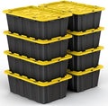 8 PACK of 12 Gallon Medium Black & Yellow Storage Bins | Plastic Tote Organizing Container with Secure Latching Lids, Stackable, Extra Strength with Built in Handle | 24.5" x 16.5" x 9" by OurModernSpace