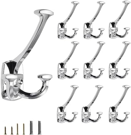 Polished Nickel Hooks Large Wall Mounted Decorative Solid Heavy-Duty Double-Sided Coat Hooks Triple Coat Hook Towels Coats Robes Towels Bag Bathroom Three Prong Coat Hook (10 Pack) by Unknown
