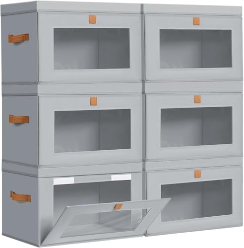 DIMJ Storage Bins with Lids - 6 Pack Fabric Closet Organizer with Window & Handles, Collapsible Decorative Storage Boxes for Shelves Under Bed, Books Clothes Blankets Sweaters Organization by DiMJ