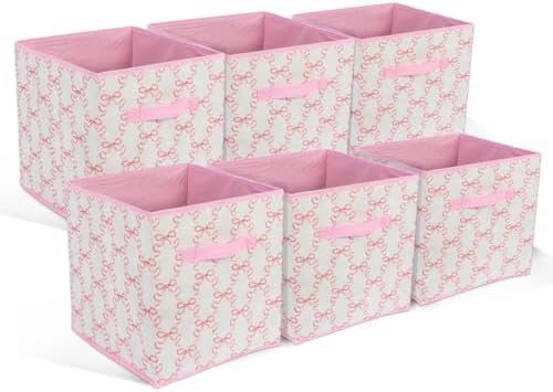 6 Pcs Pink Bow Cube Storage Bins 12.5 Inch Storage Basket with Handle, Cute Girls Organizer Basket, Collapsible Fabric Box for Classroom Bedrooms Office Home Decoration (Bow) - Image 7