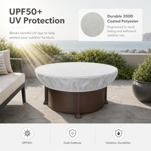 Treasure Garden Round Fire Pit Cover, 300D Polyester Outdoor Table & Ottoman Cover, Water Resistant, UPF50+ UV Protection, Elastic Hem, Spring Cinch Lock, Built-In Storage Pouch, Gray, 55 in - Image 7