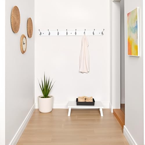 Wooden Wall Mounted Coat Rack 35 inch (90cm) with 8 Silver Hooks, Lang Wood White Coat Hook for Entrance, Hallway, Bedroom, Wall Clothes Hanger - Image 6