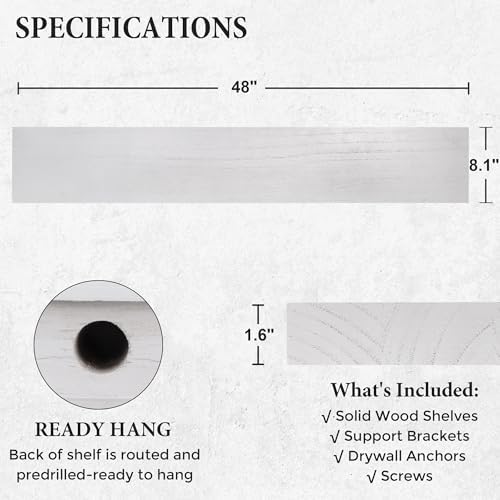 Axeman Floating Shelves, 8 Inch Deep Rustic Solid Wood Wall Shelves for Storage, Wall Mounted Display Shelving with Invisible Heavy-Duty Metal Bracket, 48" W x 8" D x 1.6" H, Distressed White - Image 2