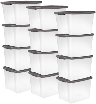 Sterilite 12-Pack 50 Quart ShelfTotes, Clear Plastic Storage Organizer Bins, Flat Gray Lid - Large Stackable Containers for Garage Shelves, Basement Room, Attic, and Home Organization by Sterilite