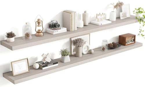 Acovy 72 Inch Floating Shelves, 8 Inch Deep Floating Shelves for Wall, Hanging Shelf with Invisible Brackets, Deep Shelves for Bathroom, Bedroom, Living Room, Grey, Set of 2 by Acovy