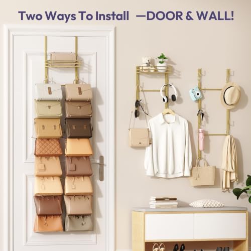 SWTYMIKI Over the Door Purse Organizer - Wall Mounted Handbag Organizer with 16 Hooks and Metal Basket, Hanging Purse Storage Rack Holds up to 16 Bags, Bag Rack Can Use As 1/2 Part, for Door, Closet - Image 3
