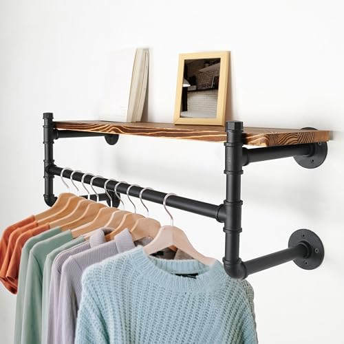 WEBI Wall Mounted Clothes Rack with Shelf,24" Industrial Pipe Clothing Rack with Shelves,Heavy Duty Iron Garment Bar,Retail Display Clothes Rod for Laundry Room,Black - Image 2