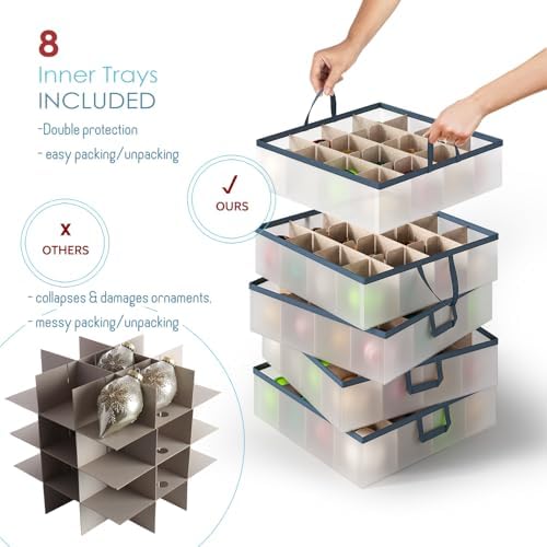 Hearth & Harbor Large Christmas Ornament Storage Box With Adjustable Dividers - Plastic Ornament Storage Container For 128 Holiday Ornaments or Decorations - Image 3