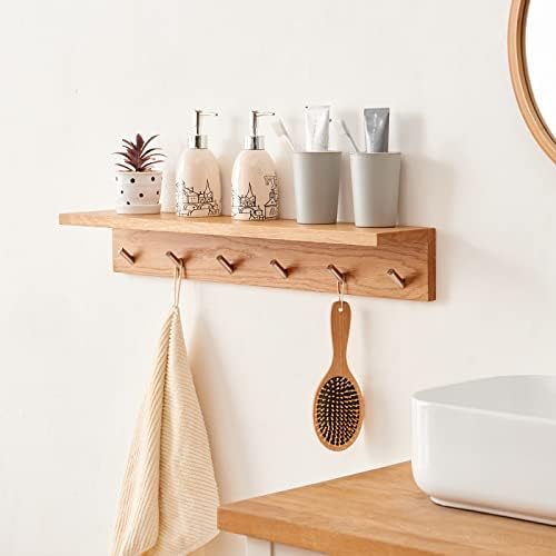 Coat Rack Shelf Wall Mounted Oak Wood Entryway Shelf with 5 Hooks Wall Coat Hook Rack with Floating Shelf for Bedroom, Living Room, Kitchen (Natural,20 inch) - Image 6