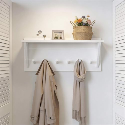 WEBI Coat Rack Wall Mount with Shelf,24" Long Entryway Wall Shelf with Hooks Underneath,6 Peg Hooks for Hanging Coats,Caps,Jacket,Clothes,White - Image 4