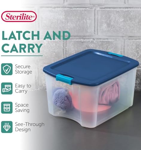 Sterilite 18 Gal Latch and Carry, Stackable Storage Bin with Latching Lid, Plastic Container to Organize Closets, Clear with Blue, 18-Pack - Image 3