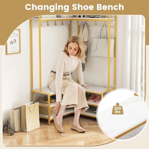 GIANTEX Corner Coat Rack, L-Shaped Hall Tree with Bench and Shoe Storage - Image 4