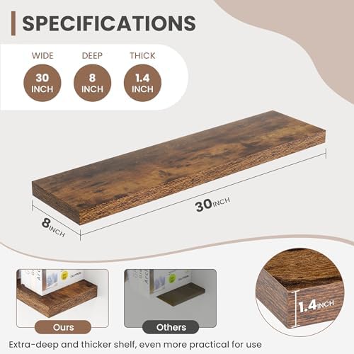 Acovy 30 Inch Floating Shelves, 8 Inch Deep Floating Shelves for Wall, Hanging Shelf with Invisible Brackets, Deep Shelves for Bathroom, Bedroom, Living Room, Brown, Set of 2 - Image 3