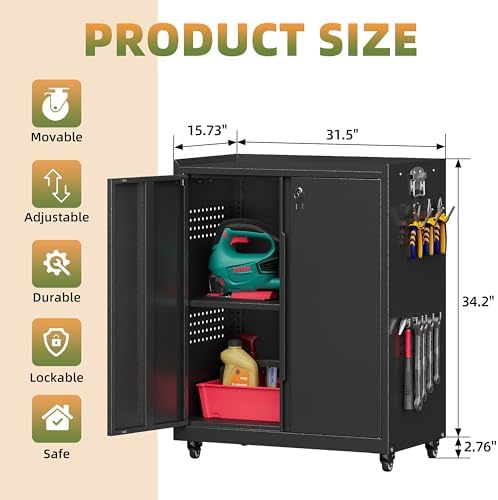 34''H Garage Storage Cabinet with Wheels, Meatl Storage Cabinet with Lock - Image 3