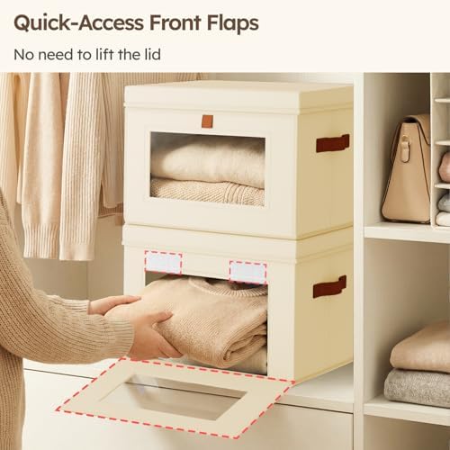 Homsorout Storage Bins with Lids - Front Opening Storage Box with Clear Window & Handles, Stackable Foldable Fabric Bins for Closet Organization, Clothes, Sweaters, Towels, Blankets, 6 Pack, Beige - Image 3