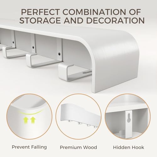 Coat Rack Wall Mount with Shelf Entryway Shelf Modern Key Holder Hanger Wall Shelves with Hidden Hooks for Hanging Towels Coats Hats Bags for Hallway Bathroom Bedroom(White, 8 Hooks) - Image 5
