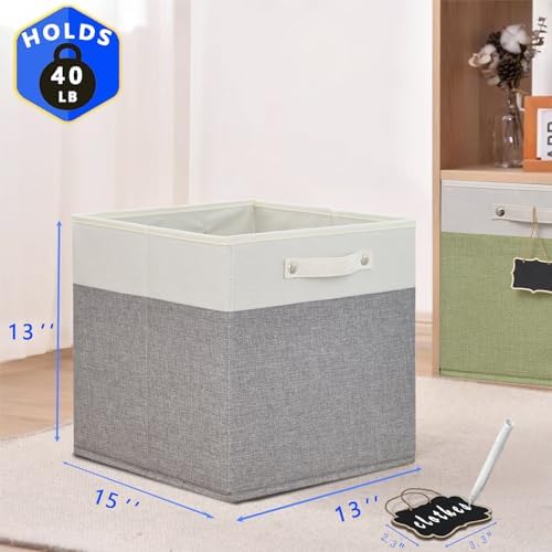 13x15x13 storage cube bins 4 Pack,Collapsible Fabric Storage Cubes with Labels,Linen Cube Storage Organizer Bins with Cotton Handles,Square Storage Cubes for Home,Office,Clothes,Cabinet(White Grey). - Image 2