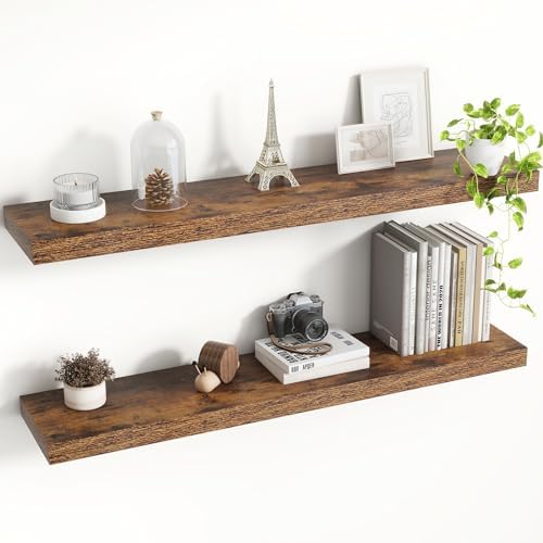 Acovy 36 Inch Floating Shelves, 8 Inch Deep Floating Shelves for Wall, Hanging Shelf with Invisible Brackets, Deep Shelves for Bathroom, Bedroom, Living Room, Brown, Set of 2 by Acovy