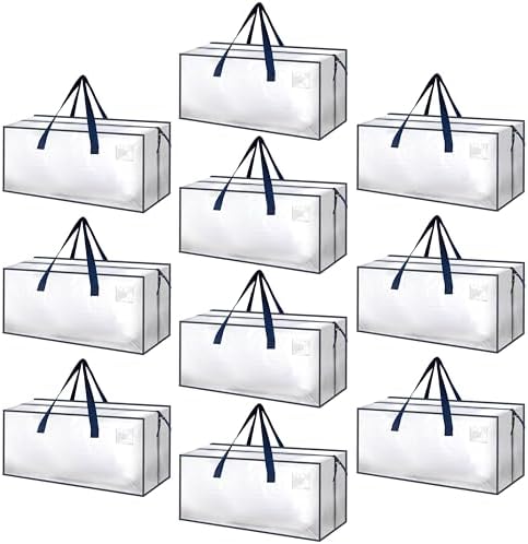 HealSmart 10 Pack Extra Large Moving Bags with Zippers & Carrying Handles, Heavy-Duty Storage Tote Moving Boxes for Dorm Room Essentials Storage Bags, Clear by HealSmart