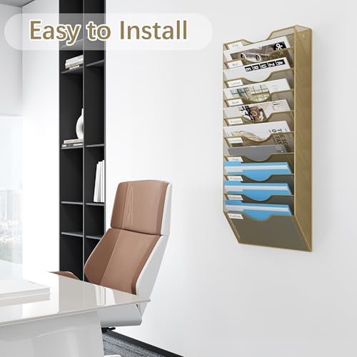 EasyPAG 10 Pocket Mesh Wall File Organizer, Hanging Paper Folder Holder with Classify Label, Vertical Wall Mount Mail Organizer for Office Home Classroom, Gold - Image 4