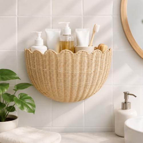 Set of 2 Scalloped Woven Rattan Wall Hanging Baskets, Decorative Wall Storage Baskets for Nursery, Bathroom, Kitchen, Farmhouse & Entryway Decor - Image 6