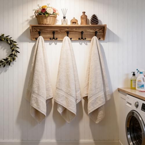 SKOLOO Wall Shelf with Hooks, 35-Inch Coat Rack Wall Mount with Shelf Organizer - Heavy Duty, 5 Tri Hooks - Perfect for Entryway, Hallway, Living Room, Bedroom, Mudroom, Wood Brown & Black - Image 5
