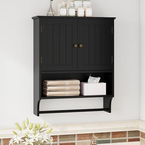 Black Bathroom Cabinet with Towel Rack, Bathroom Wall Cabinet with 2 Doors and Adjustable Shelf, Medicine Cabinet Wall Mount, Over The Toilet Storage - Image 3