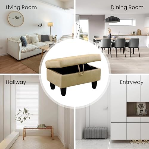 28.5'' Ottoman with Storage, Flannel Ottoman Foot Rest for Living Room Upholstered Footstool, Perfect Storage Ottoman Bench Bag Floor Chair for Bedroom or Entryway, Beige - Image 3