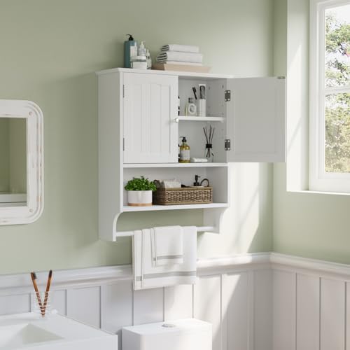 Smuxee White Bathroom Cabinet Wall Mounted with Towels Bar, Bathroom Medicine Cabinet with 2 Door Adjustable Shelves, Over Toilet Cabinet for Bathroom Laundry Room Kitchen by Smuxee