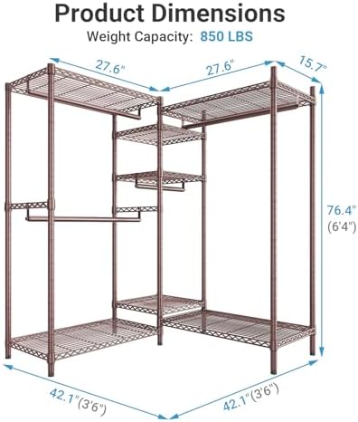 VIPEK L6 L Shaped Clothes Rack for Corner, Heavy Duty Clothing Rack 5-Tier Wire Garment Rack Freestanding Closet with 7 Adjustable Shelves & 4 Hanging Rods, Max Load 850LBS, Bronze - Image 4